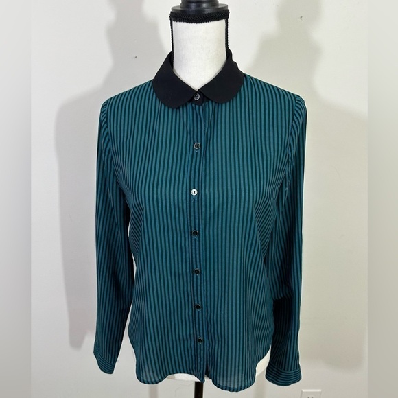 Forever 21 sz med blouse button down long sleeve black & Turquoise - Picture 1 of 13